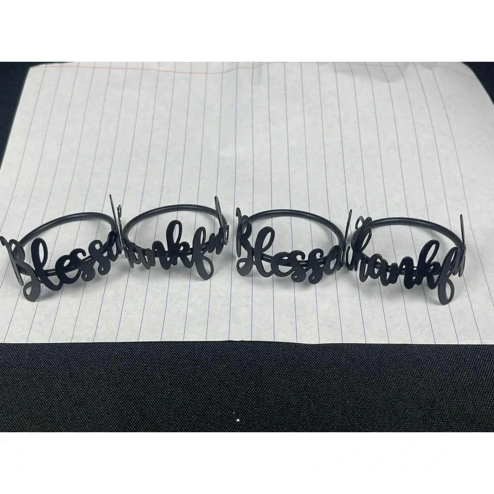 Set‎ of 4 Black Metal Blessed Thankful Napkin Rings Farmhouse Table Decor